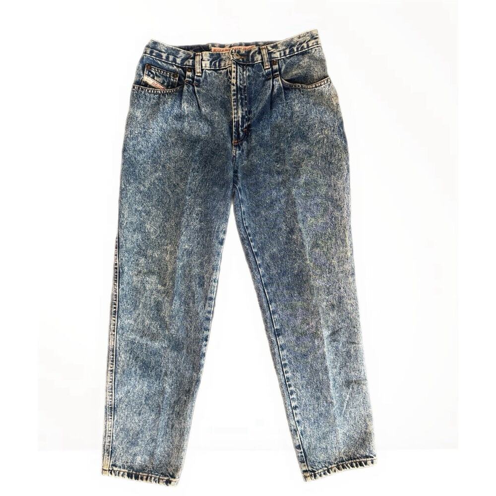Vintage 1980s Tapered Blue Jeans 32x28 Unisex Large Logo Retro Acid Wash
